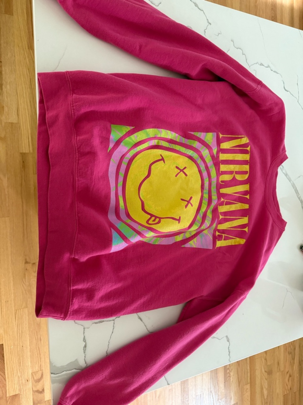 NIRVANA Bright Pink Kids Graphic Hoodie with Yellow Smiley